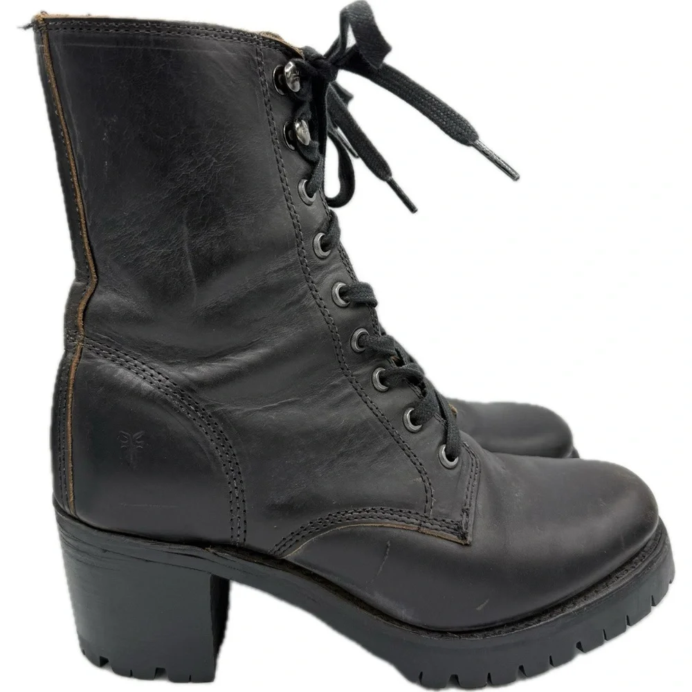 FRYE Black Leather Lace-Up Moto Boots Sabrina Sz 8 - Picture 7 of 12